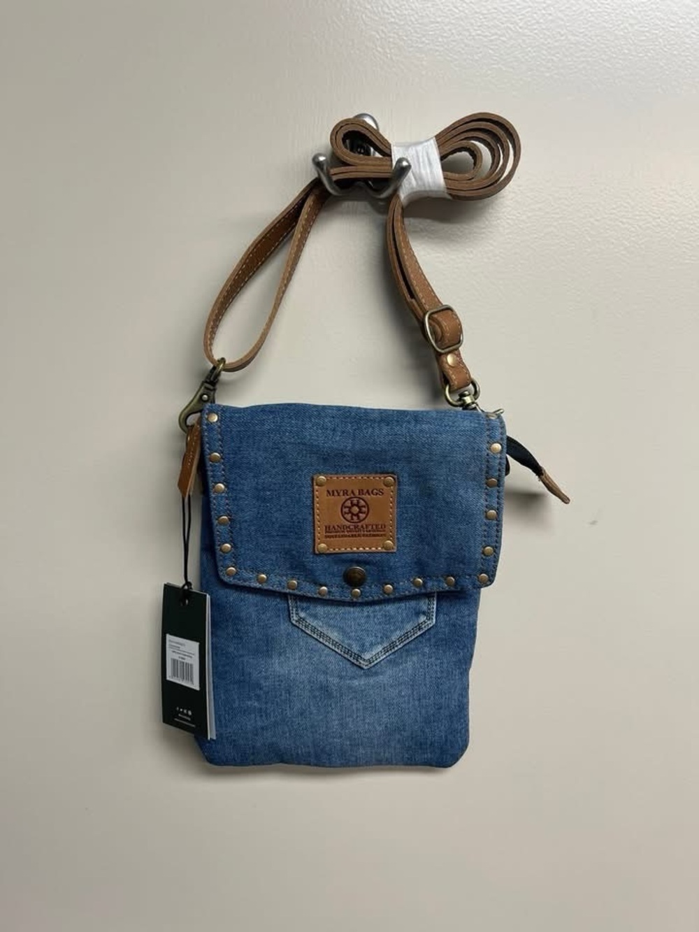 Myra Bag Denim Messenger with Brown Trim and Studs